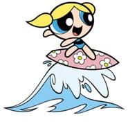 a cartoon girl riding on top of a surfboard