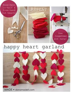 the collage shows how to make heart garlands for valentine's day or any special occasion