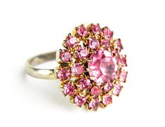 Vintage 1960's Pink Rhinestone Cluster Cocktail Ring - Faceted Glass Prong Set on Silver - Dinner Party Ring - Adjustable Party Rings, Pink Rhinestones, Faceted Glass, Druzy Ring, Prong Setting, Dinner Party