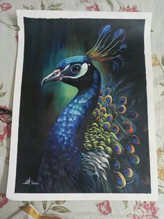 a painting of a peacock on a bed