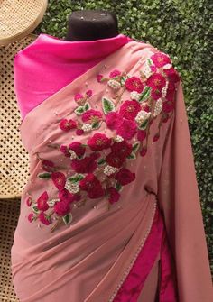 Khan Saab Boutique Designer Georgette Carnation Saree: Deshi Besh. Traditional Chiffon Pre-draped Saree For Party, Pink Traditional Wear For Spring With Traditional Drape, Pink Traditional Drape Wear For Spring, Pink Bollywood Georgette Saree, Bollywood Style Pink Georgette Saree, Summer Party Pink Pre-draped Saree, Semi-stitched Georgette Traditional Wear For Spring, Spring Semi-stitched Georgette Traditional Wear, Summer Traditional Wear With Dori Work For Parties