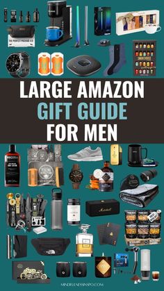 the large amazon gift guide for men is shown in black and blue, with lots of items