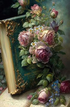 a painting of flowers on top of an open book