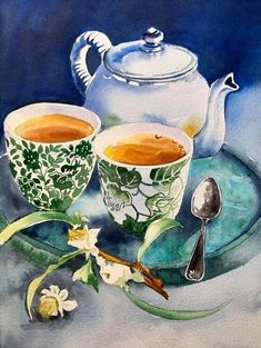 watercolor painting of two cups of tea and a spoon on a plate with flowers