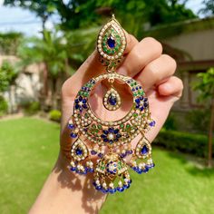 rajasthani jadau chandbali with jhumka Luxury Meenakari Chandbalis, Luxury Bollywood Chandbalis For Reception, Luxury Blue Chandbali Jewelry, Jhumka Earrings Gold, 22k Gold Jewelry Necklaces, 22k Gold Jewelry, Hanging Beads, Chandbali Earrings, Jhumki Earrings