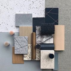 an assortment of different materials are arranged on the wall, including tiles and rugs