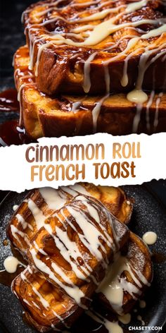 cinnamon roll french toast on a black plate