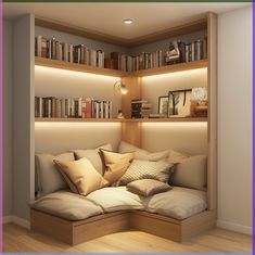 a couch with many pillows in front of bookshelves