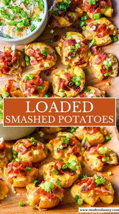 loaded smashed potatoes on a wooden cutting board