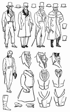 Late Regency men's fashion, lots of shapes and ideas! Regency Romance