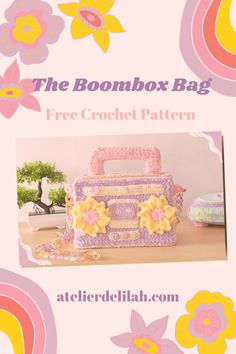 a crochet bag with flowers on it and the text, the boombox bag free crochet pattern