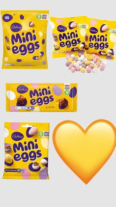 three bags of mini eggs next to a heart - shaped candy bag with the words mini eggs on it