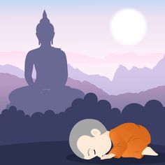 a person laying on the ground in front of a buddha statue with mountains behind them