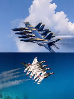 four fighter jets flying in the sky above the ocean and below them are white clouds