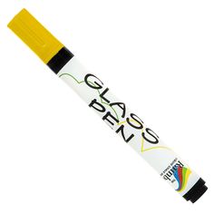 a yellow and black marker with the word glass ink on it's tip in front of a white background