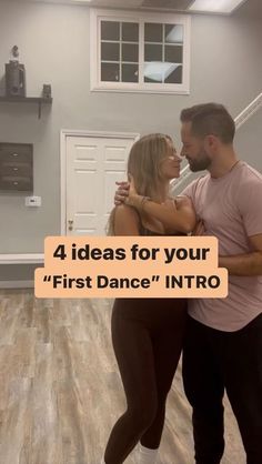 a man and woman dancing in a dance studio with the words 4 ideas for your first dance into