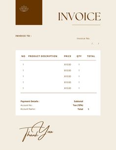 an invoice is shown with a brown and white background