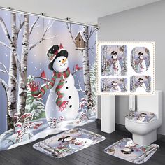 a snowman shower curtain and toilet cover with matching rugs in a bathroom setting