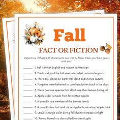 fall fact or fiction worksheet with an image of trees and leaves in the background