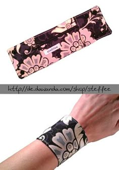 two pictures of the same wristbands, one in pink and black with flowers on it