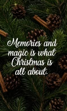 pine cones and cinnamon sticks with the words memories and magic is what christmas is all about