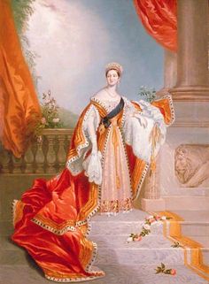 a painting of a woman in an ornate dress standing on steps with red and gold drapes