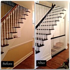 before and after pictures of a stair case in a home with wood floors, white railings and black handrails