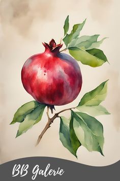 a watercolor painting of a pomegranate on a branch with green leaves