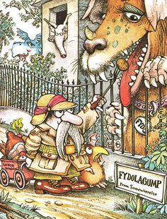 an illustration of a cat and dog in front of a fence with a sign that says fydolagump