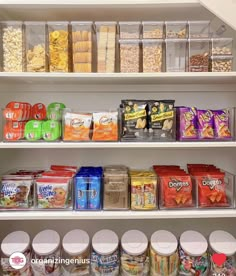 the shelves are filled with different types of snacks