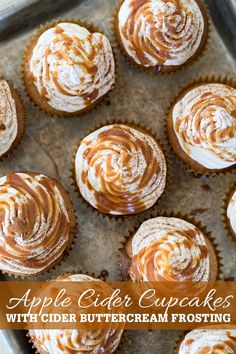 apple cider cupcakes with elder buttercream frosting on a baking sheet