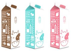 three milk cartons with different designs on them