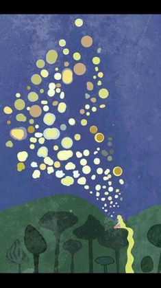 an illustration of a person standing on a hill looking up at the sky with lots of bubbles coming out of them