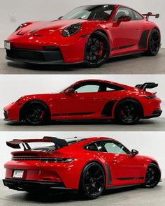 the red sports car is shown in three different views