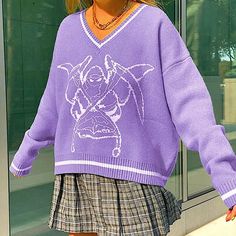 Brand New Boutique Item. Cute Purple Long Sleeve V-Neck Knit Oversized Sweater With A White Graphic Of A Grim Reaper On The Front And White Stripes On The Ends Of The Sleeves, Around The Neckline & The Near Bottom Of The Sweater. See Pictures For Details. Fit Is Slightly Oversized. Medium: Bust: 44” Shoulder: 21.3” Sleeve: 18.1” Length: 24.4” Tags: Punk Goth Gothic Oversize V Neck Pullover Oversized Sweater Grunge, Aesthetic Crop Tops, Green Woman, Cool Tops, Pull Oversize, Y2k Cute, Y2k Sweater, Estilo Preppy, Long Sleeve Jumper