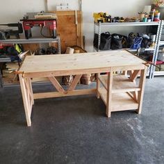 a workbench in a garage with tools on the table and shelves behind it