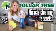 a woman is cleaning her kitchen counter with the words dollar tree on it and an image of