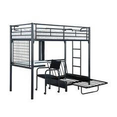 Style and function combine to give this metal twin bunk bed and workstation a striking appearance. Awesome for space saving needs, this twin workstation loft bed checks all the boxes. Modern with its glossy black finish and stylish with a white desk top, it creates a cool space to work and relax. Its chair and multi-functional futon frame are included. The pad and mattress are sold separately. Loft Bed With Storage Underneath, Loft Beds With Desk, Loft Bed Black, Bed With Storage Underneath, Twin Futon, Chair And Desk, Bed With Underbed, Loft Bed With Storage, Beds With Desk