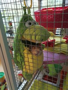 a small child in a green costume behind a wire cage with other children's toys