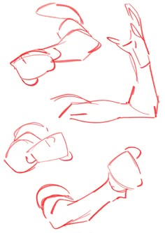 three different poses of hands and feet in red ink on white paper, each with one hand holding the other's leg