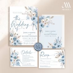 an elegant wedding suite with blue flowers and greenery