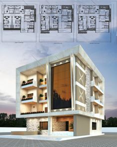 an architectural rendering of a building with multiple levels and balconies on the second floor