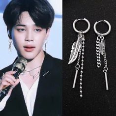 "Experience BTS's backstage style! This impressive earring worn by Park Jimin is more than just jewelry; it's a work of art. Express yourself with this exclusive piece and share in Jimin's unique style." K Pop Earrings, Jimin Earrings, Bts Ages, Bts Earrings, Bts Bracelet, Kpop Earrings, Pop Jewelry, Bts Fashion, Foto Jimin Bts