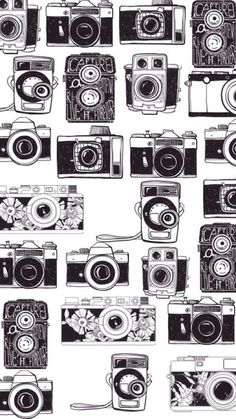 black and white drawing of cameras on a white background