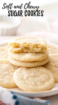 soft and chewy sugar cookies on a white plate with text overlay that reads soft and chewy sugar cookies