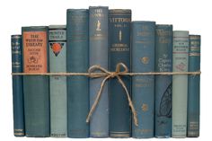 a bunch of blue books tied up with a brown string on top of each book