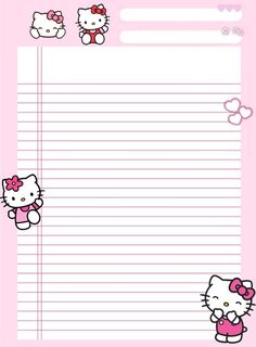 a pink lined paper with hello kitty on the side and two hearts in the middle