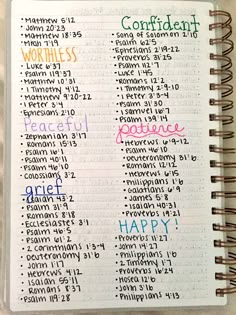 an open bible book with words written in different colors and numbers on the pages, which are