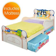 a child's bed with cartoon characters on it and the words includes mattresses