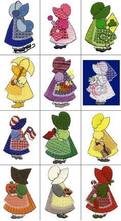 many different types of crocheted dolls are shown in this image, including dresses and bonnets